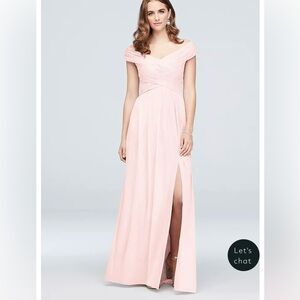 David’s Bridal Crisscross Off the Shoulder Mesh Dress